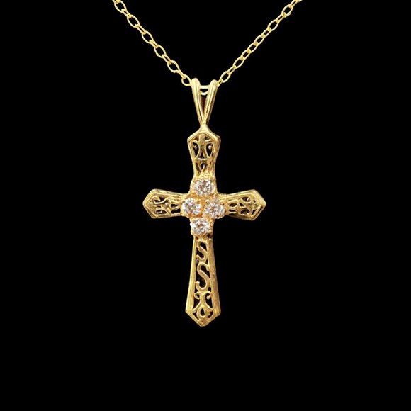 Vintage Gold Filigree and Crystal Cross Pendant Necklace 18k GE on 14K GF Chain - Picture 1 of 8